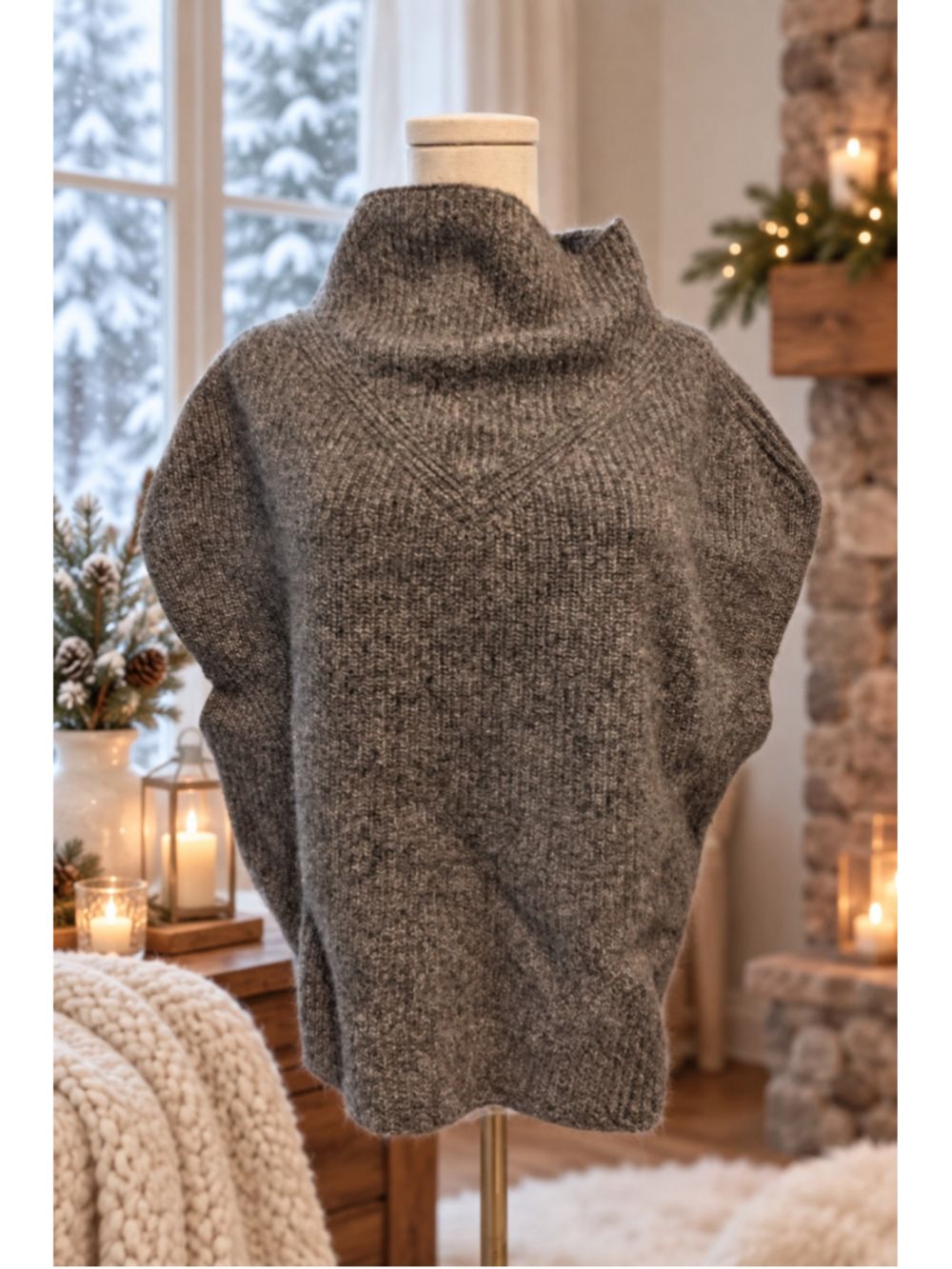 Anthropologie 100% Cashmere Gray Cowl Neck Poncho Sweater Top M
